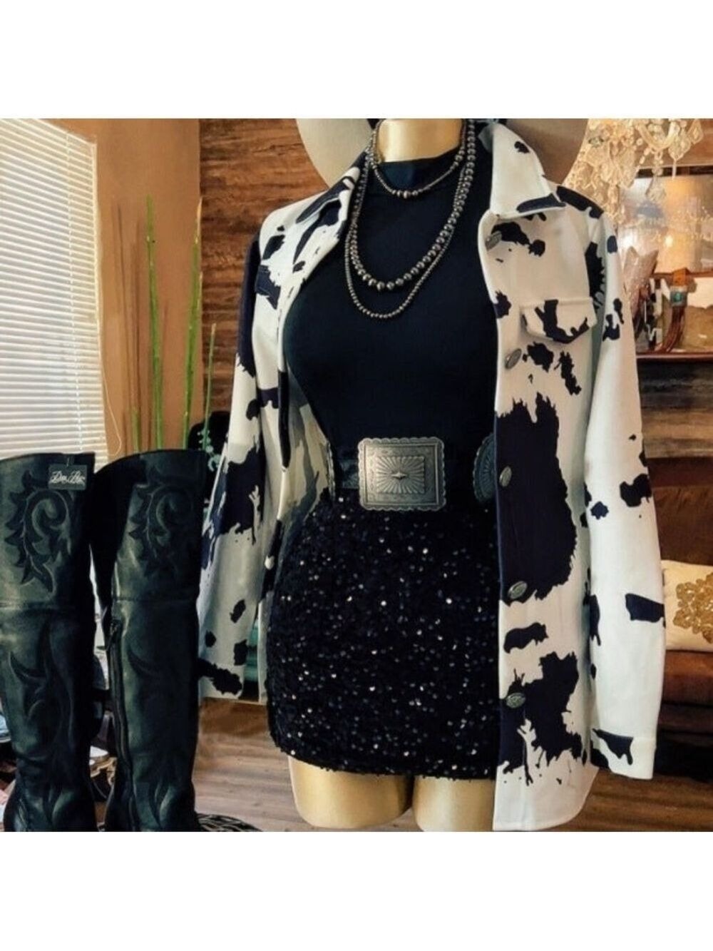 Western Black and White Cow Print Jacket Women's 2XL - Picture 2 of 7